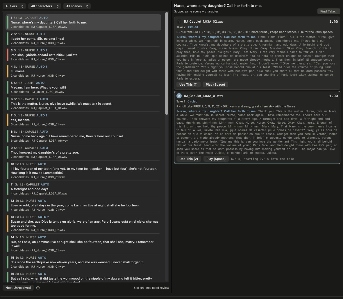 Spotline's review screen. On the left, every line of scene 1.3 with its chosen take; six of 44 lines are marked for review. On the right, the two candidate takes for line 1, each with its circled status, the director's note, its transcript and a Use This button.