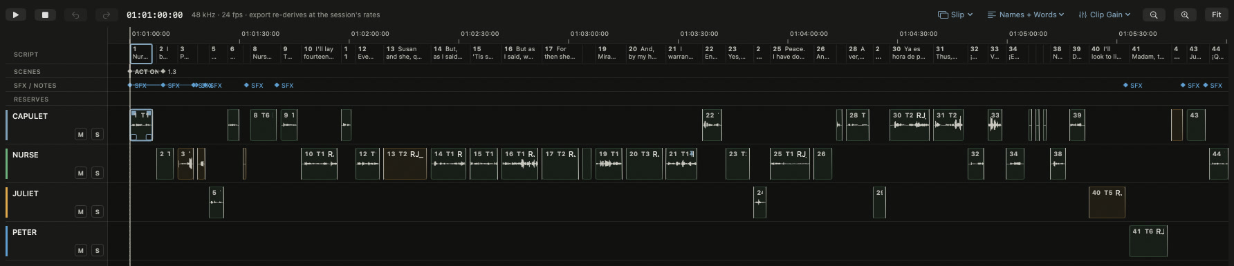Spotline's assembly timeline: script, scene and sound-effect lanes above four character tracks, Capulet, Nurse, Juliet and Peter, with every line placed in script order.